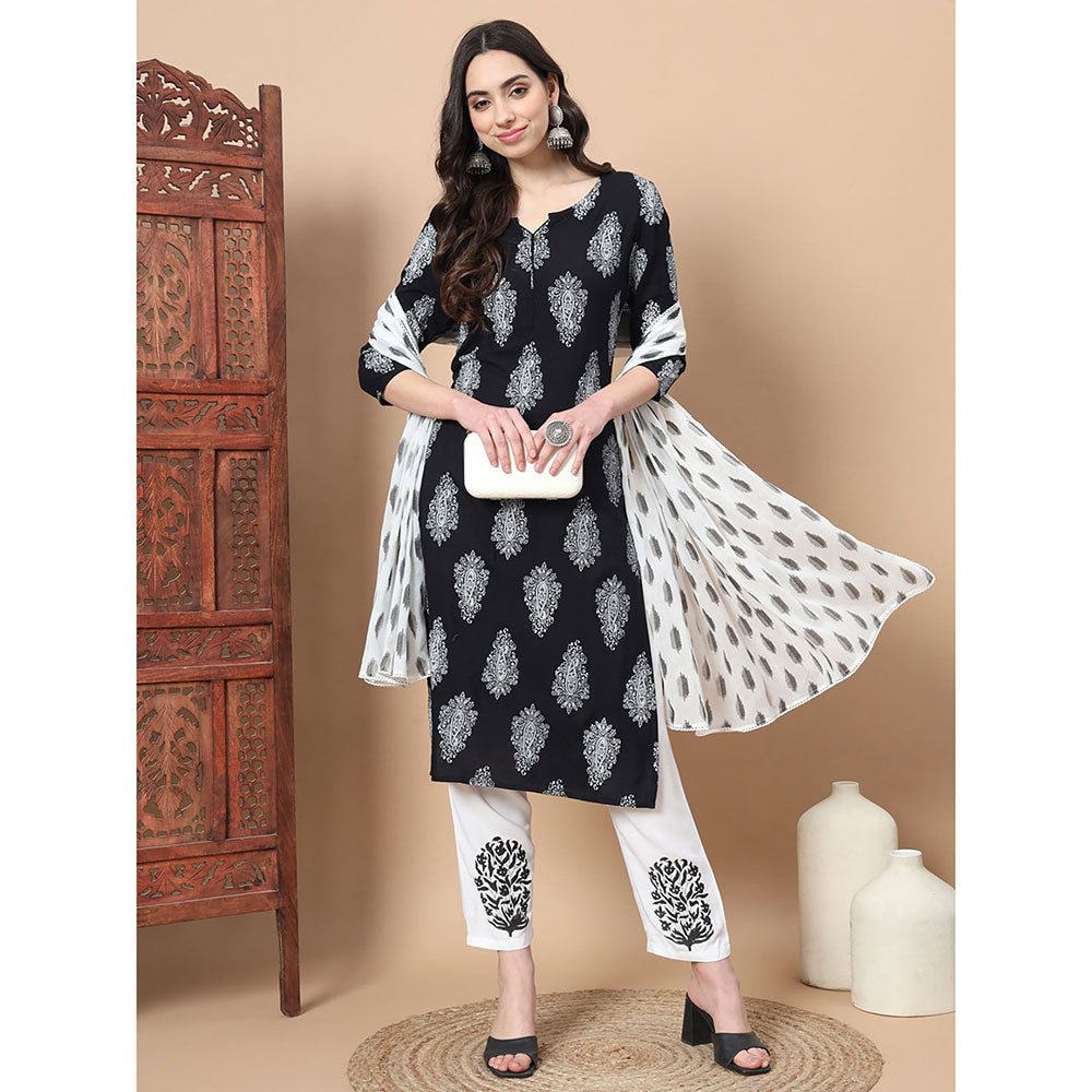 Yufta Women Black Paisley Print Rayon Kurta with Hand Block Print Trouser & Dupatta (Set of 3)