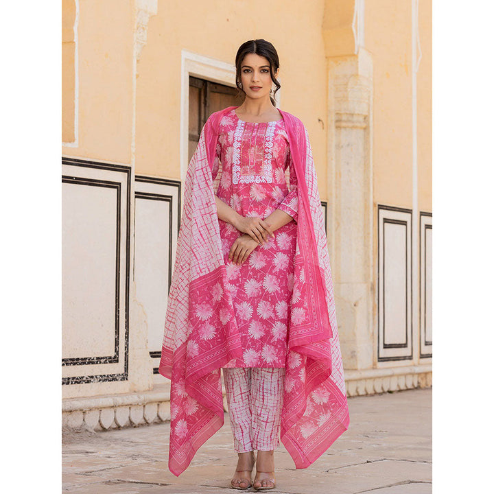 Yufta Pink Floral Print Straight Kurta with Pant and Dupatta (Set of 3)