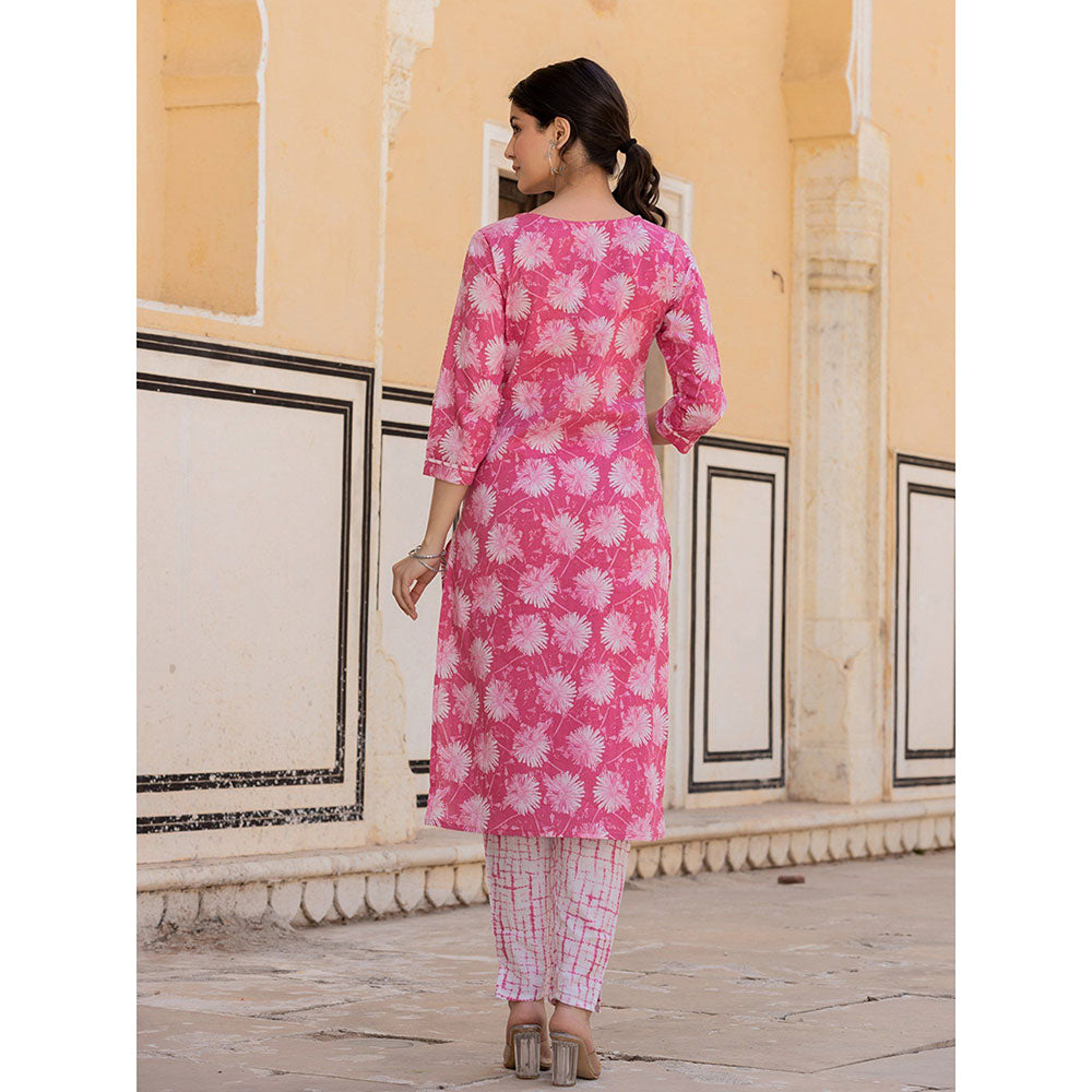 Yufta Pink Floral Print Straight Kurta with Pant and Dupatta (Set of 3)