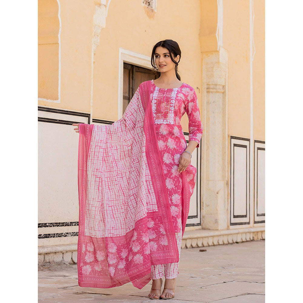 Yufta Pink Floral Print Straight Kurta with Pant and Dupatta (Set of 3)