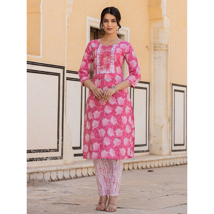 Yufta Pink Floral Print Straight Kurta with Pant and Dupatta (Set of 3)