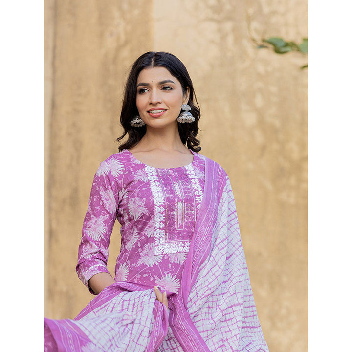 Yufta Dark Purple Floral Print Straight Kurta with Pant and Dupatta (Set of 3)