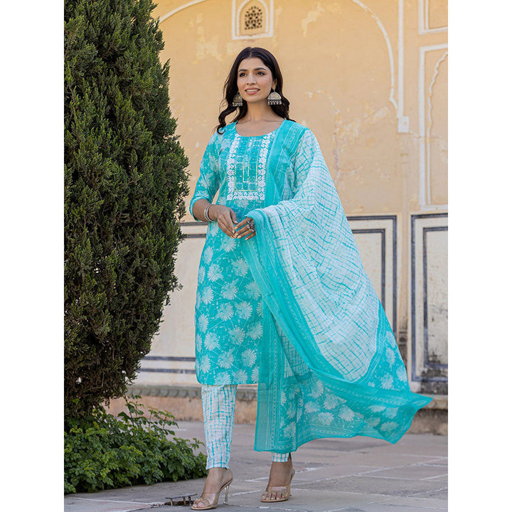 Yufta Sea Green Floral Print Straight Kurta with Pant and Dupatta (Set of 3)