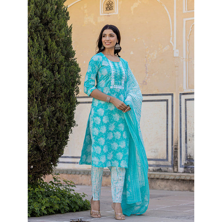 Yufta Sea Green Floral Print Straight Kurta with Pant and Dupatta (Set of 3)