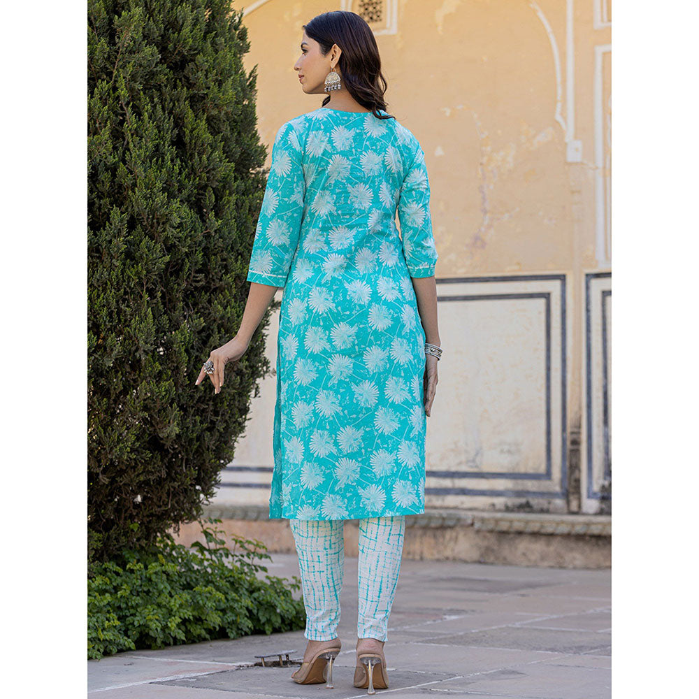 Yufta Sea Green Floral Print Straight Kurta with Pant and Dupatta (Set of 3)