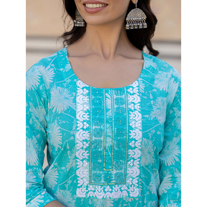 Yufta Sea Green Floral Print Straight Kurta with Pant and Dupatta (Set of 3)