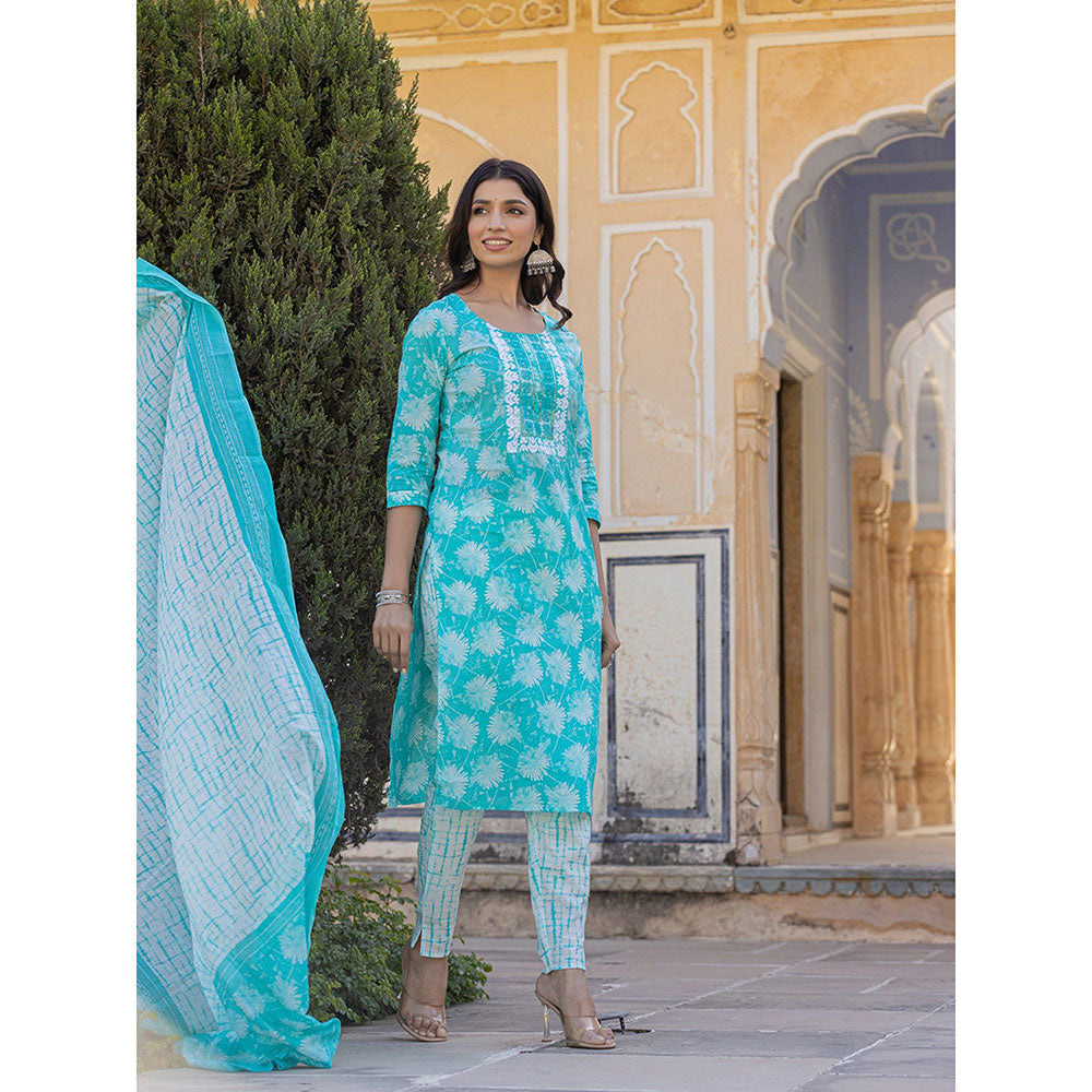 Yufta Sea Green Floral Print Straight Kurta with Pant and Dupatta (Set of 3)