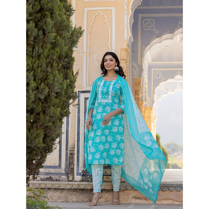 Yufta Sea Green Floral Print Straight Kurta with Pant and Dupatta (Set of 3)