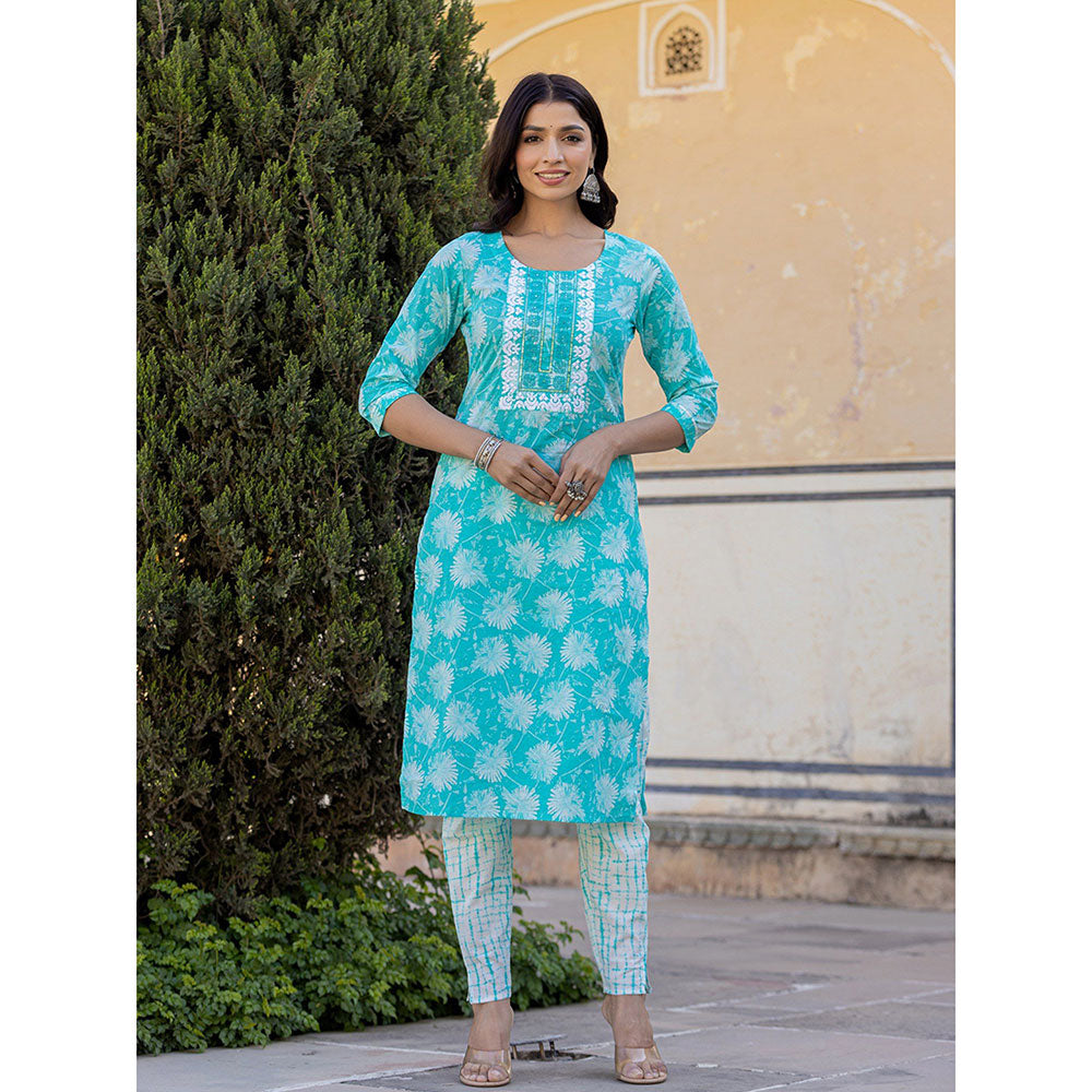 Yufta Sea Green Floral Print Straight Kurta with Pant and Dupatta (Set of 3)