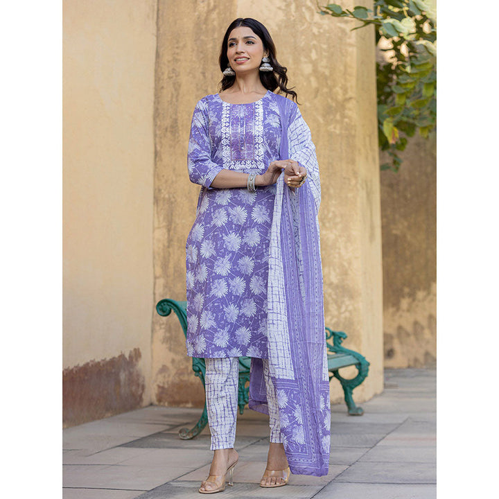 Yufta Purple Floral Print Straight Kurta with Pant and Dupatta (Set of 3)