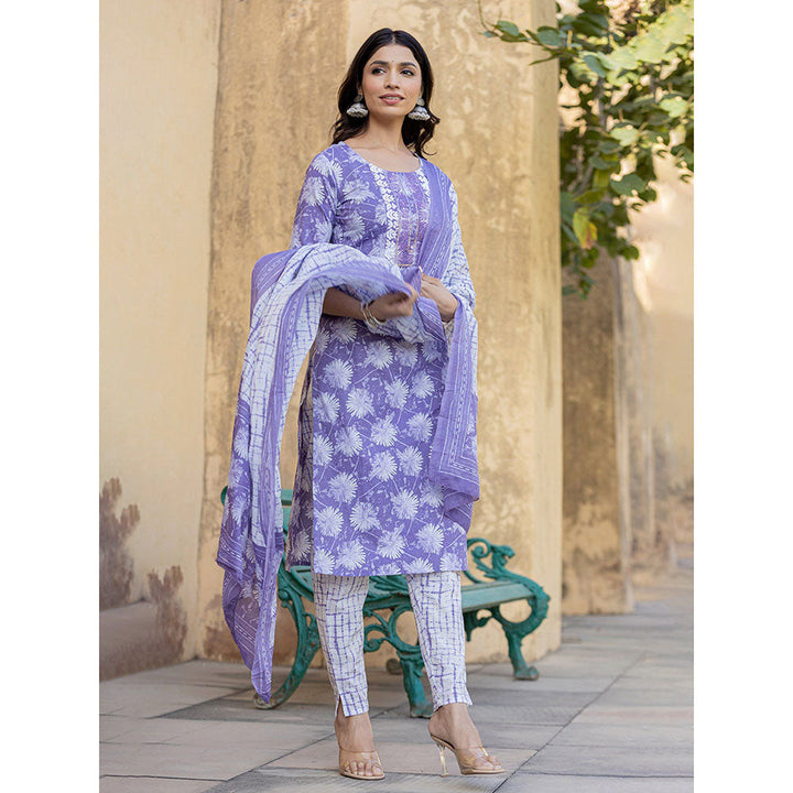 Yufta Purple Floral Print Straight Kurta with Pant and Dupatta (Set of 3)