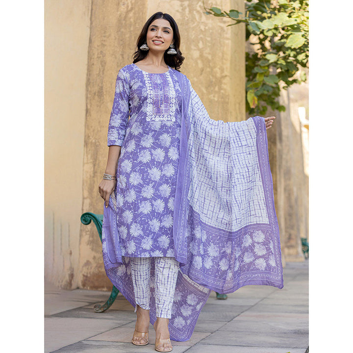 Yufta Purple Floral Print Straight Kurta with Pant and Dupatta (Set of 3)