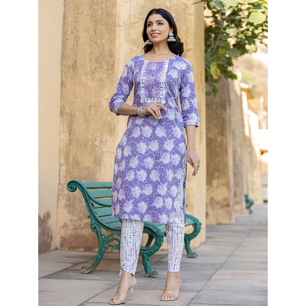 Yufta Purple Floral Print Straight Kurta with Pant and Dupatta (Set of 3)