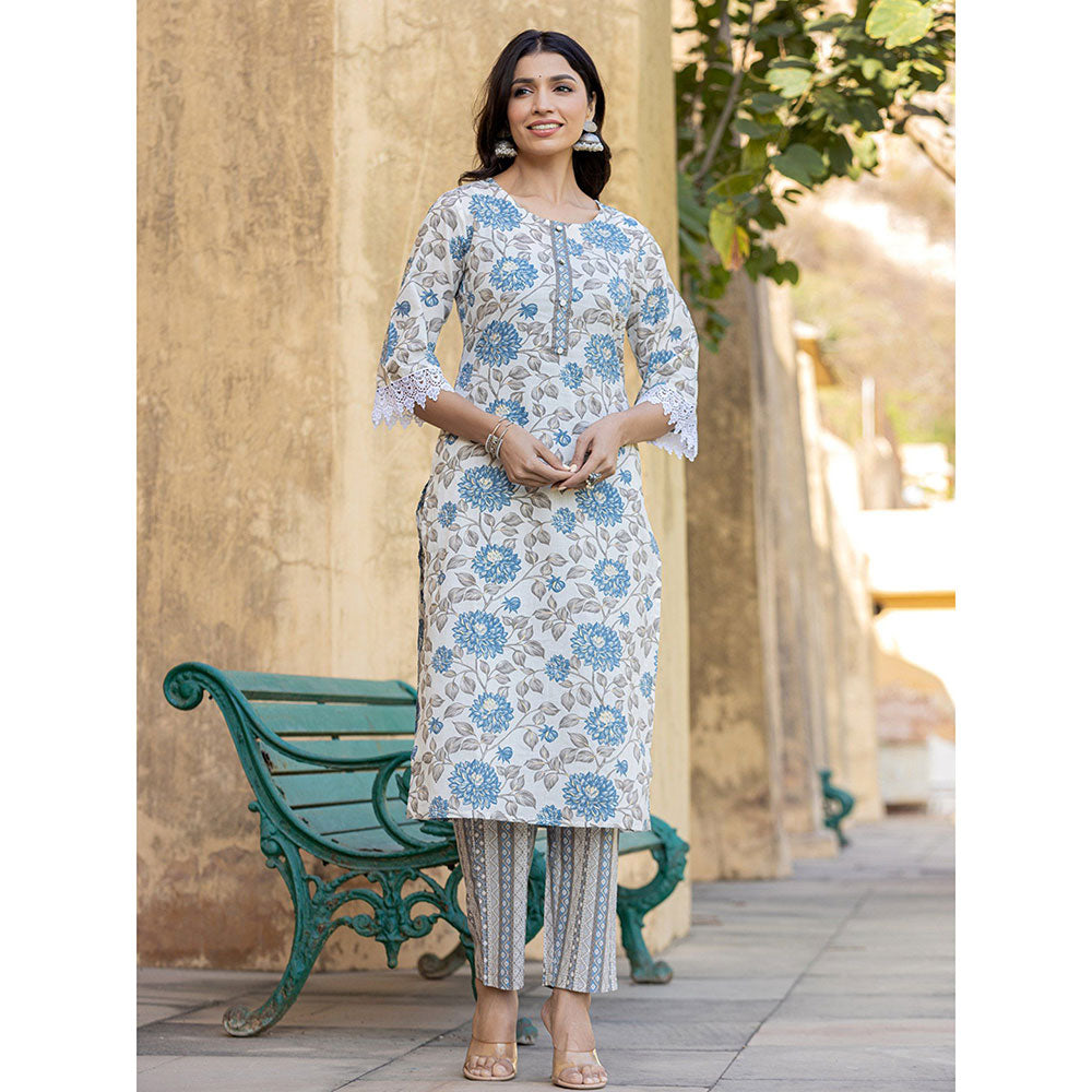 Yufta Blue Floral Print Straight Kurta Pant and Dupatta (Set of 3)