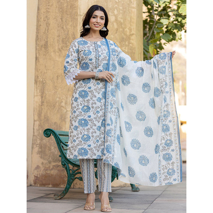 Yufta Blue Floral Print Straight Kurta Pant and Dupatta (Set of 3)