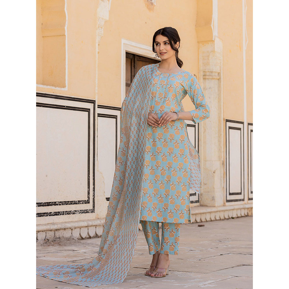 Yufta Sky Blue Floral Print Straight Kurta with Pant and Dupatta (Set of 3)