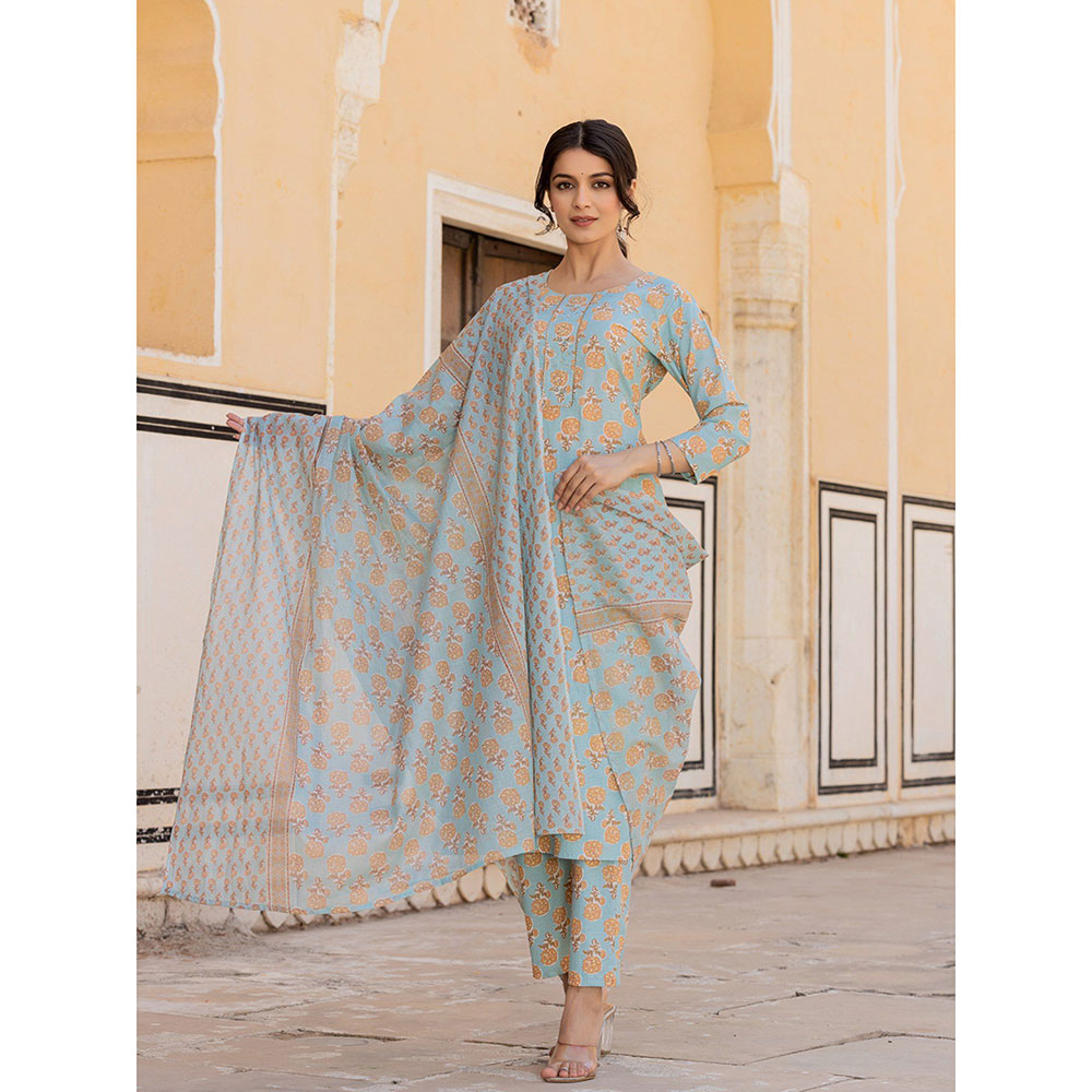 Yufta Sky Blue Floral Print Straight Kurta with Pant and Dupatta (Set of 3)