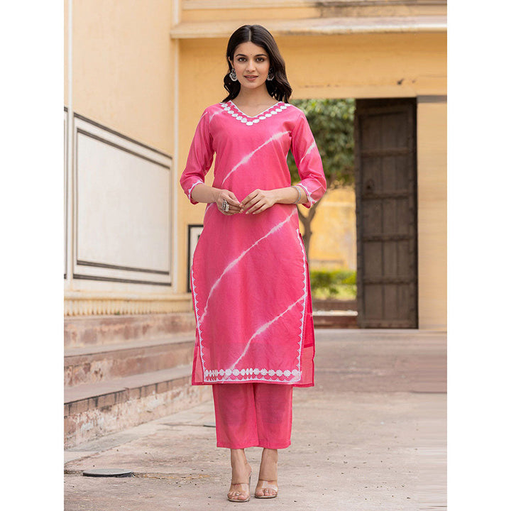 Yufta Pink Tie dye Lace-Work Yoke and Border Straight Kurta and Pant (Set of 2)