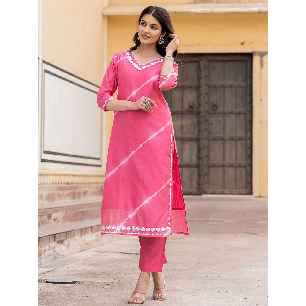 Yufta Pink Tie dye Lace-Work Yoke and Border Straight Kurta and Pant (Set of 2)