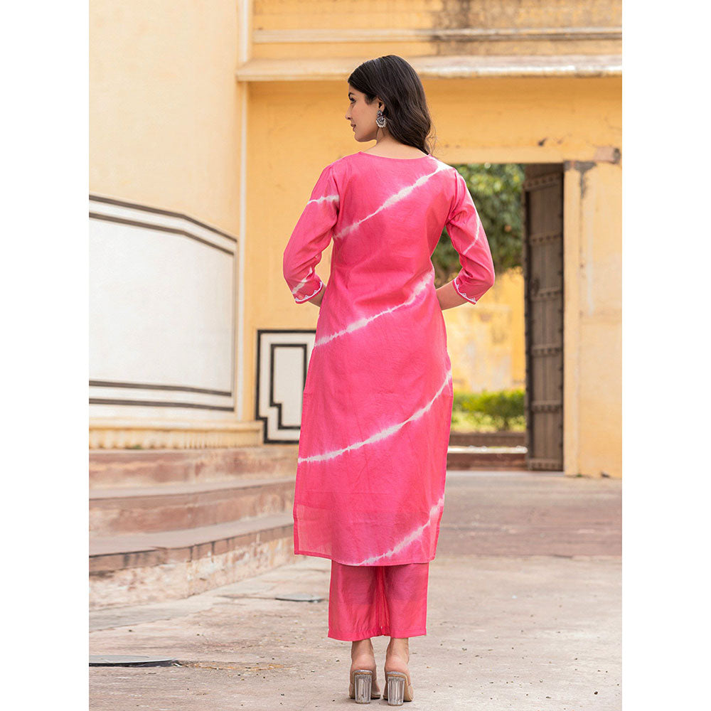 Yufta Pink Tie dye Lace-Work Yoke and Border Straight Kurta and Pant (Set of 2)