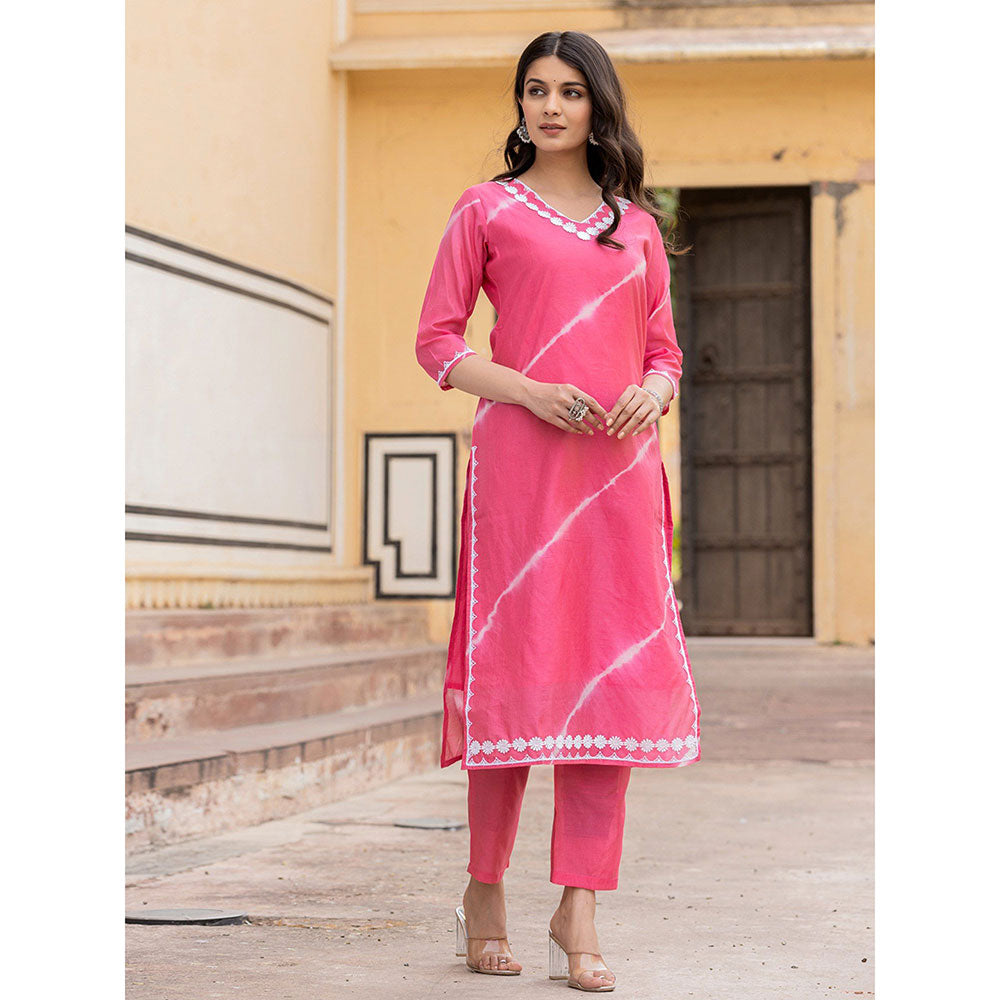 Yufta Pink Tie dye Lace-Work Yoke and Border Straight Kurta and Pant (Set of 2)