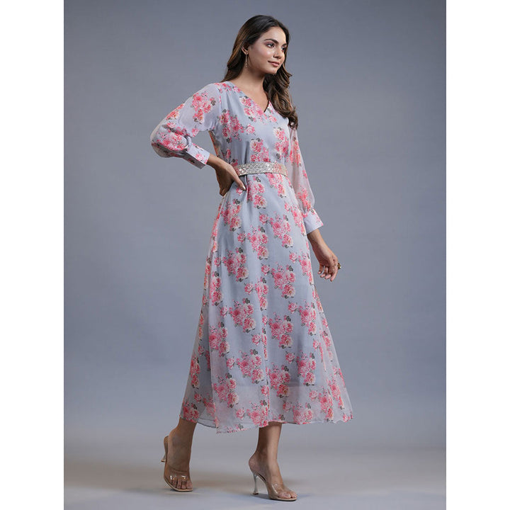 Yufta Women Blue Floral Flare Maxi Dress with Belt