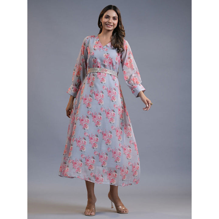 Yufta Women Blue Floral Flare Maxi Dress with Belt