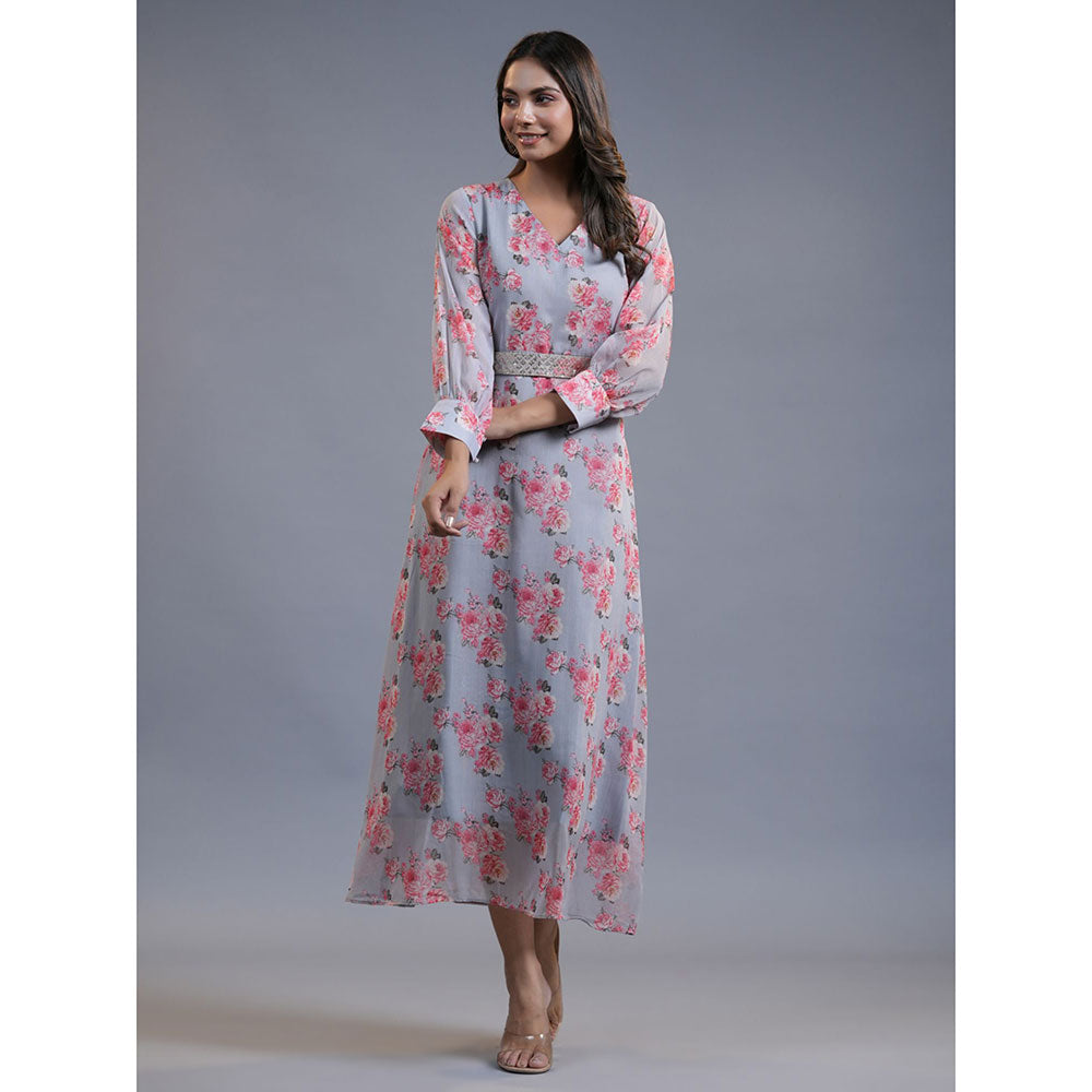 Yufta Women Blue Floral Flare Maxi Dress with Belt