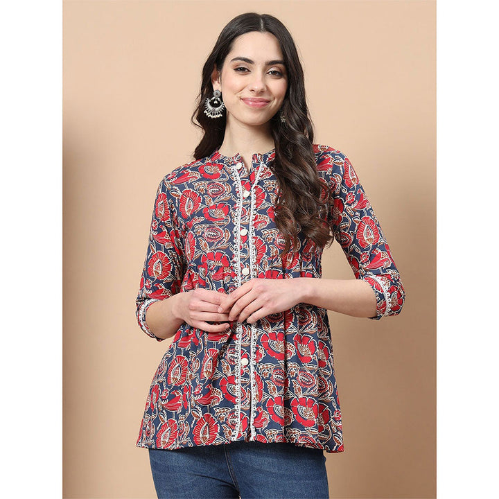 Yufta Red Cotton Floral Print Peplum Top with Lace Detailing