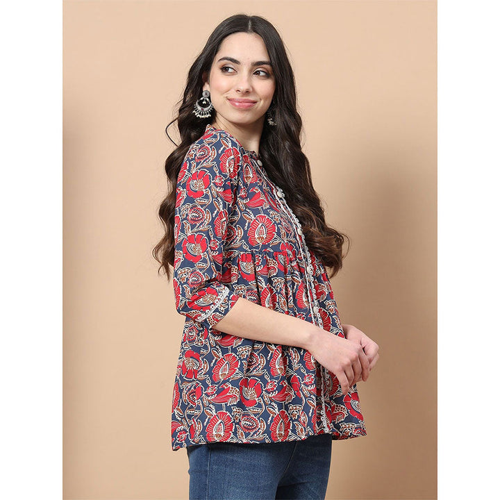 Yufta Red Cotton Floral Print Peplum Top with Lace Detailing