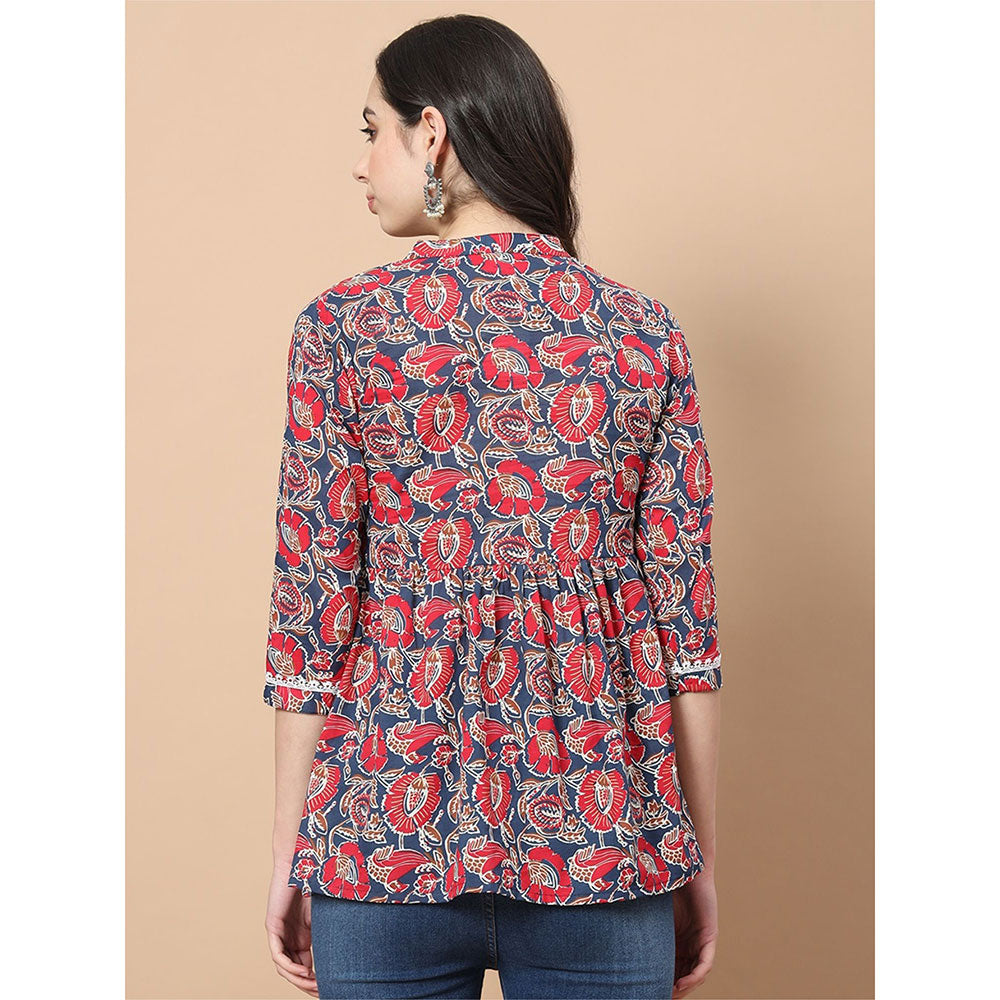 Yufta Red Cotton Floral Print Peplum Top with Lace Detailing