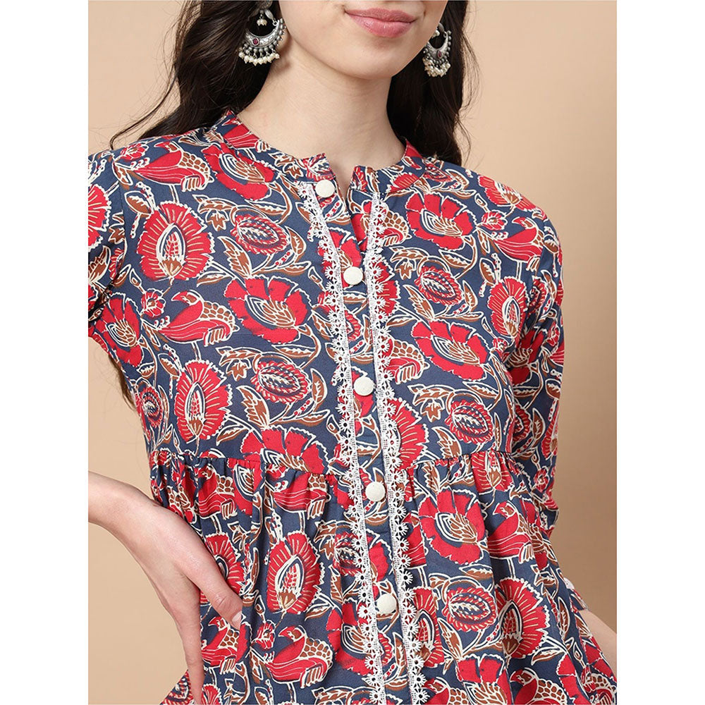 Yufta Red Cotton Floral Print Peplum Top with Lace Detailing