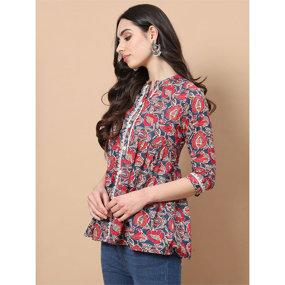 Yufta Red Cotton Floral Print Peplum Top with Lace Detailing