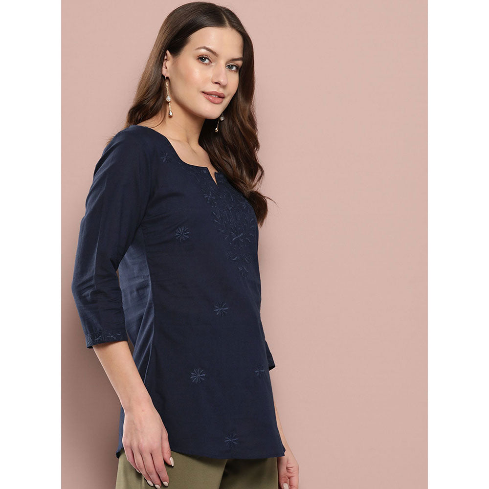 Yufta Women Blue Chikankari Regular Top