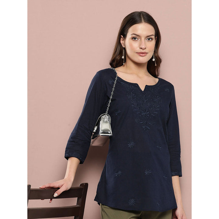 Yufta Women Blue Chikankari Regular Top