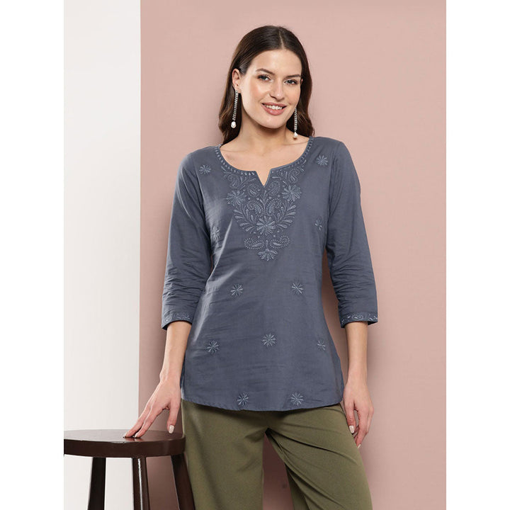 Yufta Women Grey Chikankari Regular Top