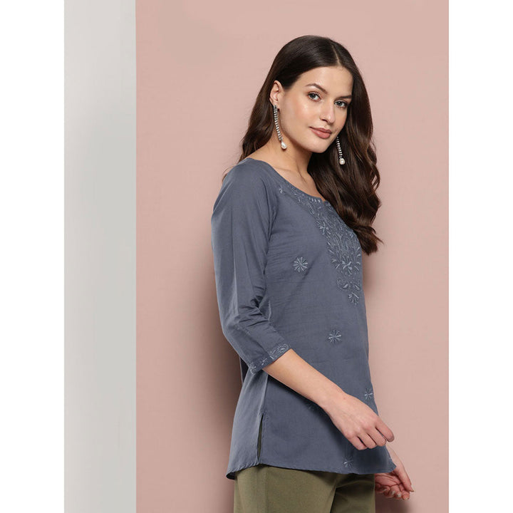 Yufta Women Grey Chikankari Regular Top