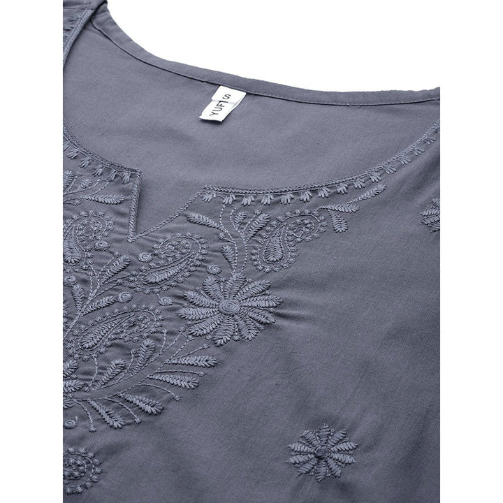 Yufta Women Grey Chikankari Regular Top