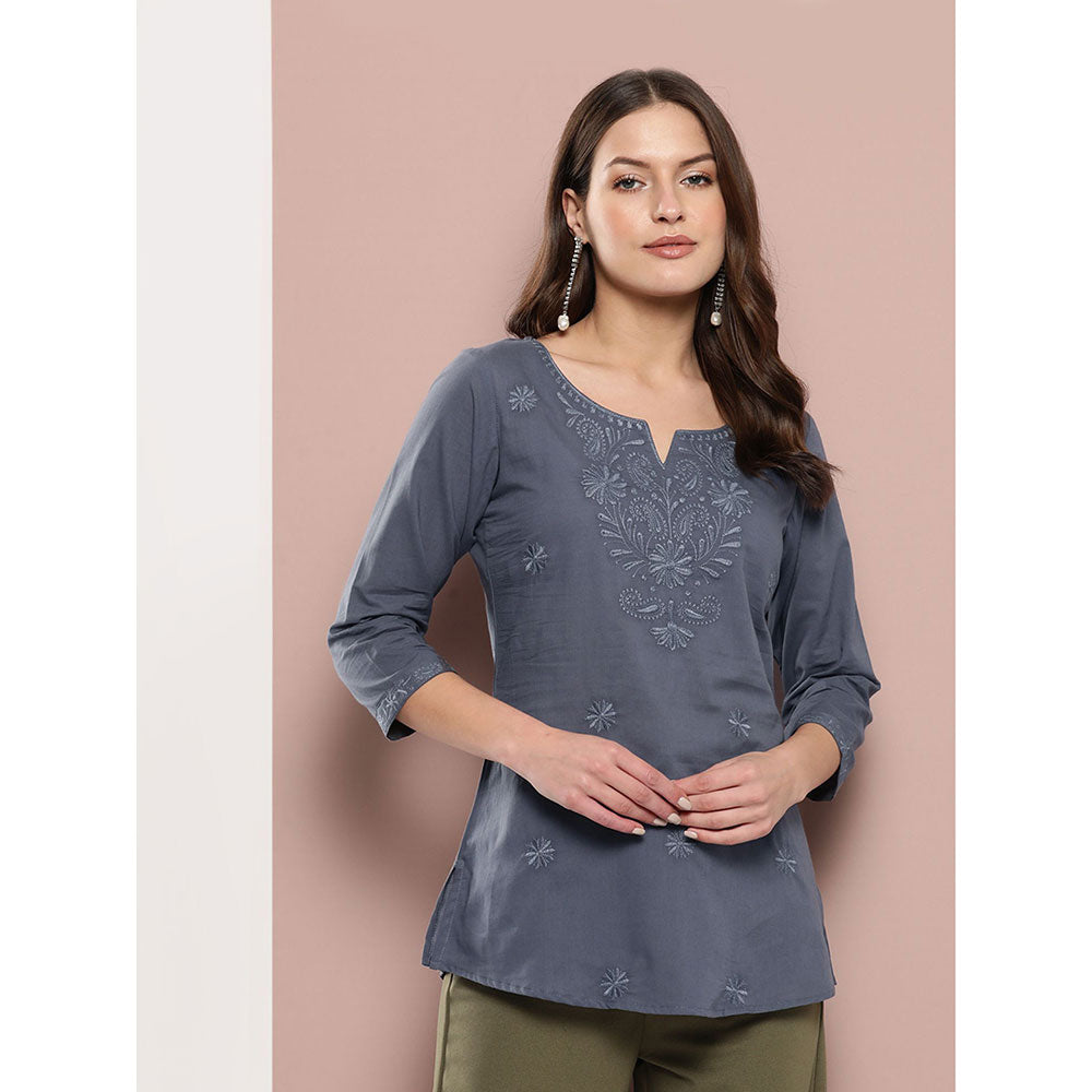 Yufta Women Grey Chikankari Regular Top