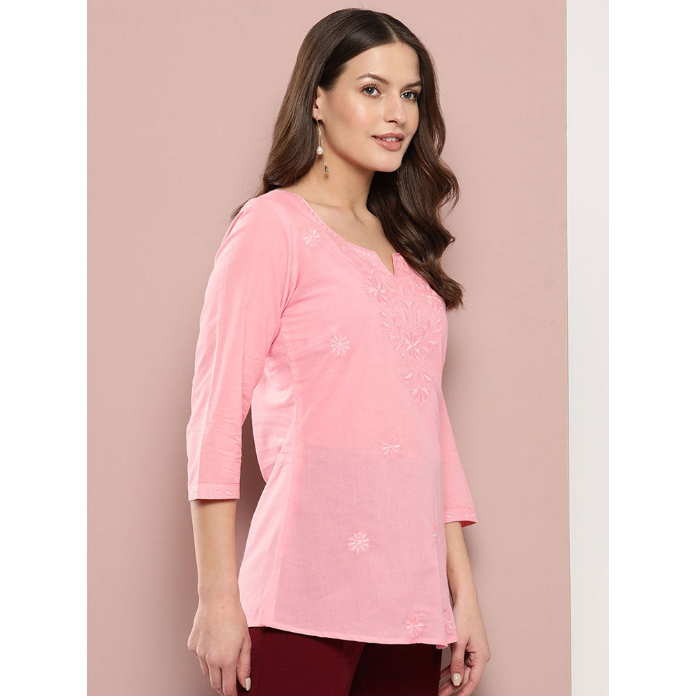 Yufta Women Peach Chikankari Regular Top