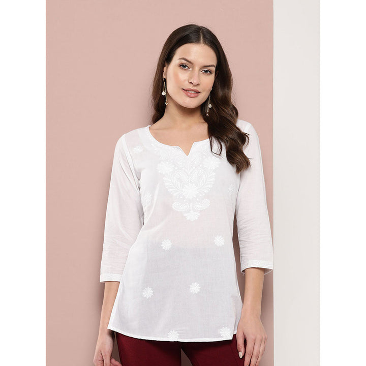 Yufta Women White Chikankari Regular Top