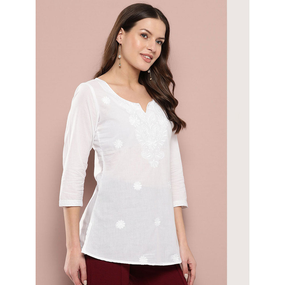 Yufta Women White Chikankari Regular Top