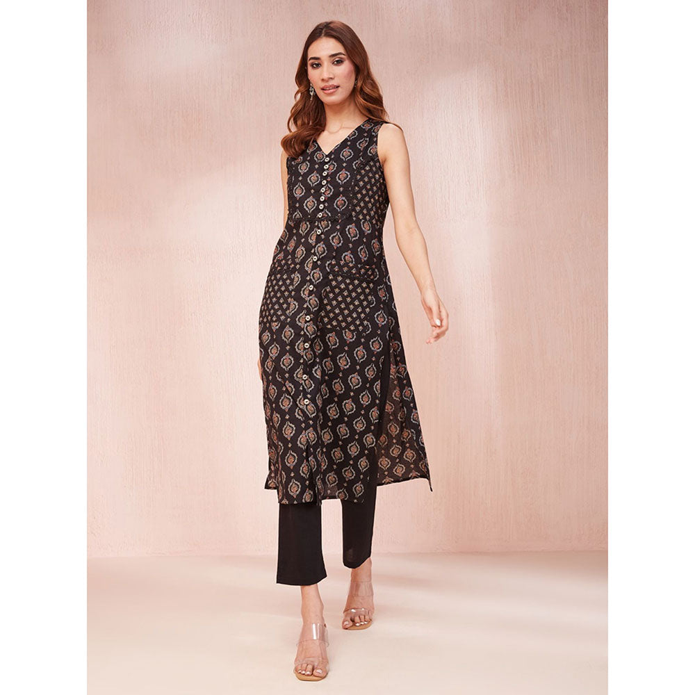 Yufta Black Ethnic Motifs Round Neck Straight Kurta