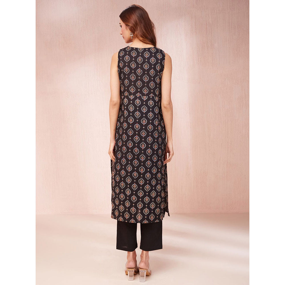 Yufta Black Ethnic Motifs Round Neck Straight Kurta