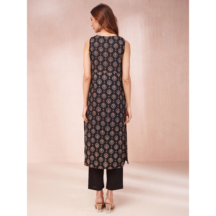 Yufta Black Ethnic Motifs Round Neck Straight Kurta