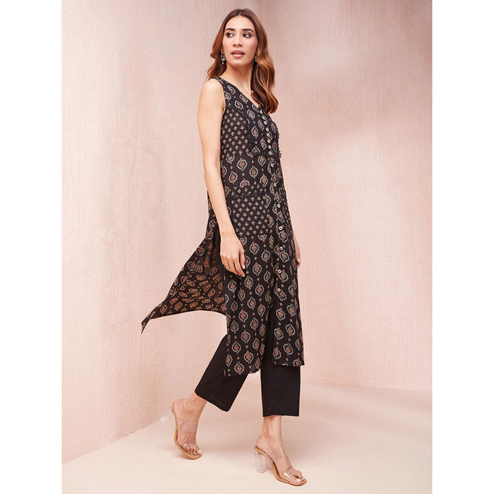 Yufta Black Ethnic Motifs Round Neck Straight Kurta