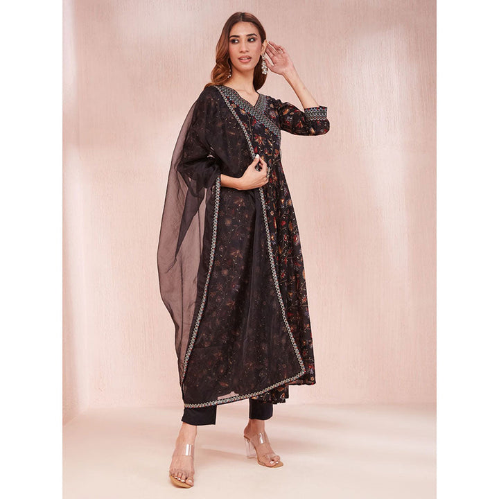 Yufta Black Embroidered Zari Work Anarkali Kurta with Pant & Dupatta (Set of 3)