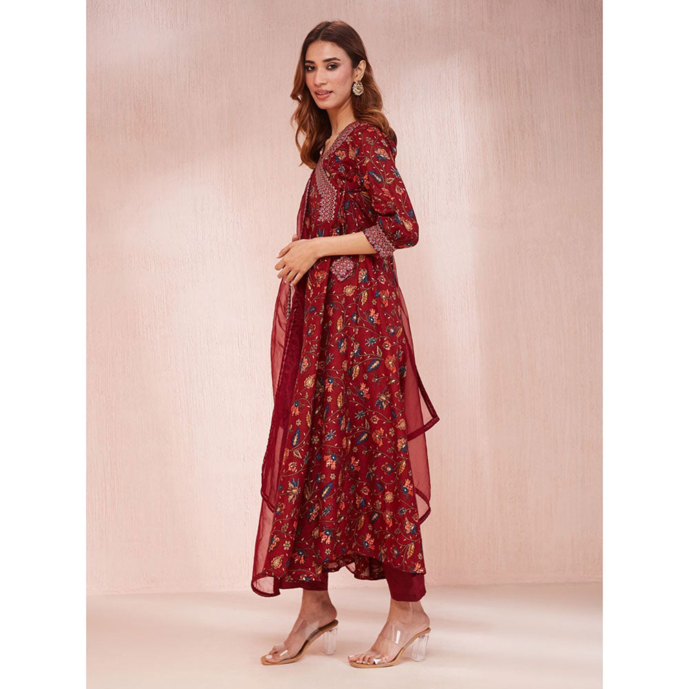 Yufta Maroon Embroidered Zari Work Anarkali Kurta with Pant & Dupatta (Set of 3)