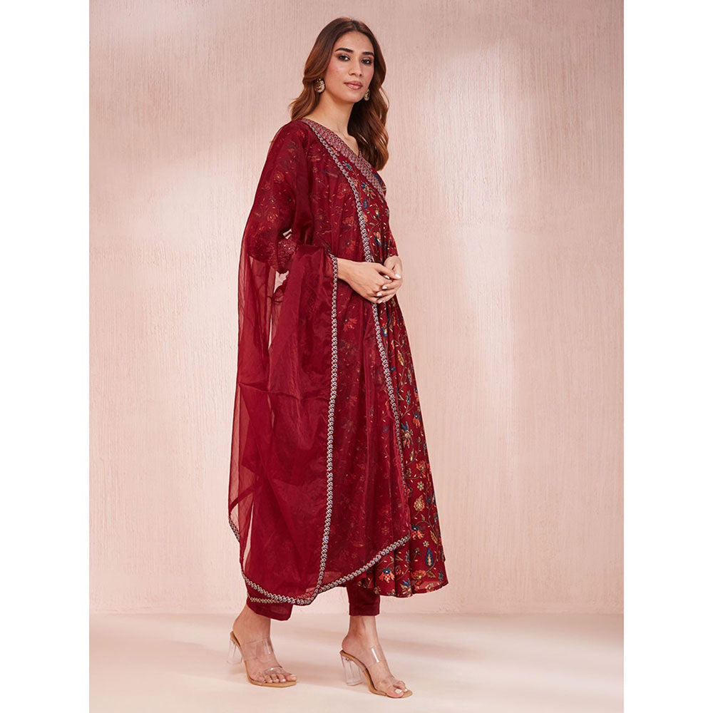 Yufta Maroon Embroidered Zari Work Anarkali Kurta with Pant & Dupatta (Set of 3)