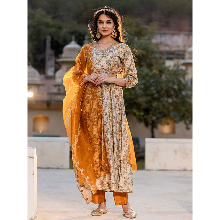 Yufta Mustard Paisley Anarkali Kurta with Pant Dupatta & Belt (Set of 4)